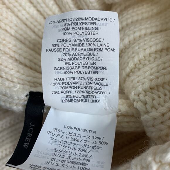 J Crew Cream Ribbed Knit Cream beanie with faux-fur pom-pom Hat - Picture 6 of 8